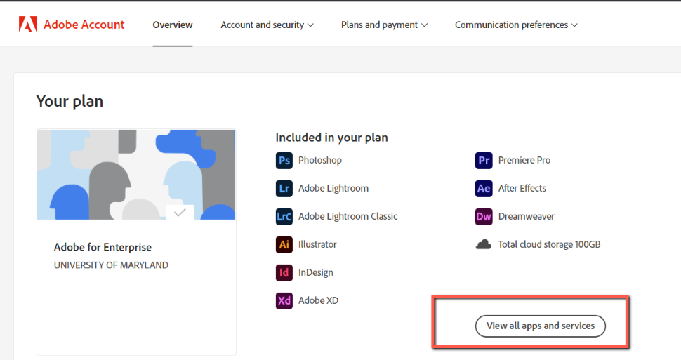 Adobe all apps and services highlighted